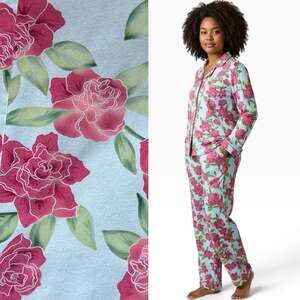 EUC BedHead Stretch Jersey Classic Long Sleeve Pajama Set Pink Floral on Blue 3X